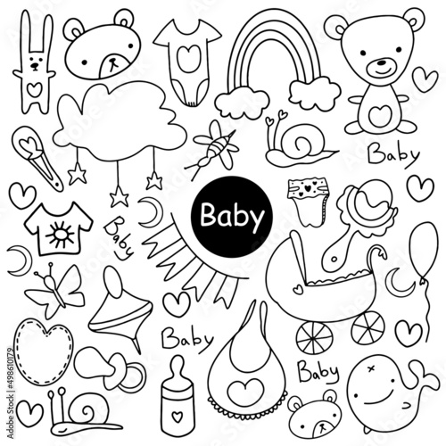 Vector Sketchy hand drawn Doodle cartoon set of objects and symbols on the baby theme.
