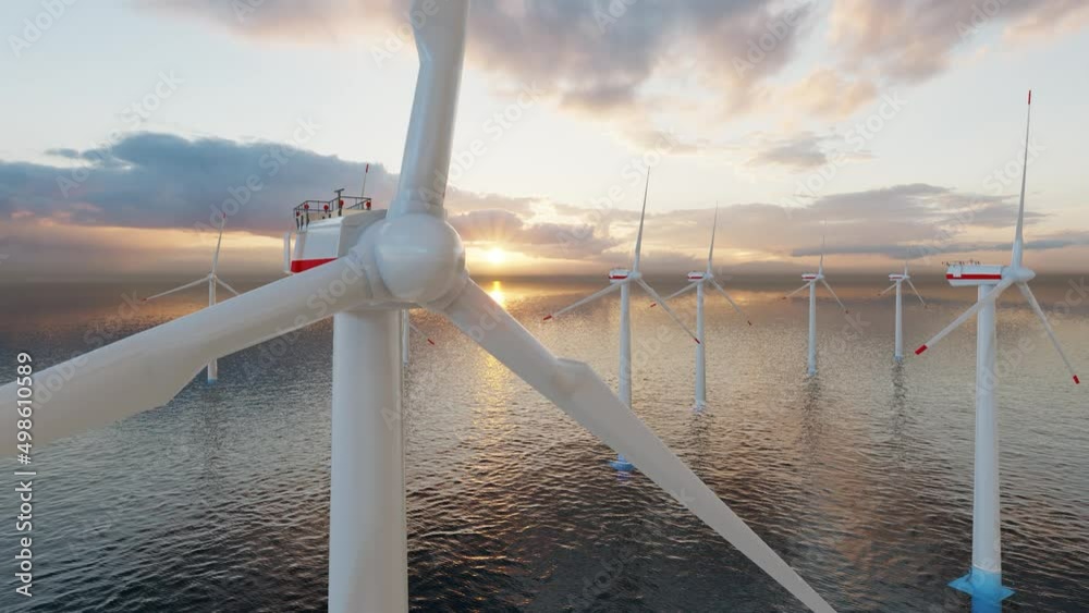 Windmill park. Offshore wind turbines farm on the ocean. Sustainable energy production. Green Energy, clean power, clean energy concept.