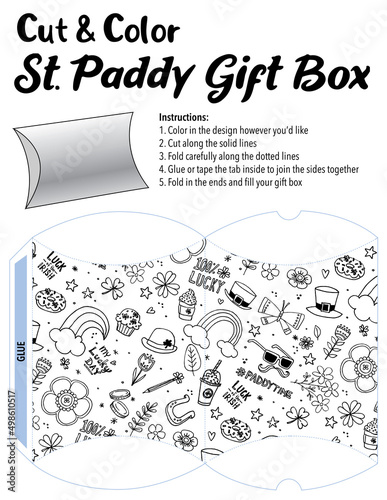 A fun and easy Saint Patricks Day activity. Color, fold and cut the template to make a lovely holiday gift box that can be filled with treats and goodies. Vector graphics.