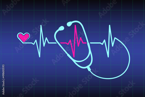 Abstract stethoscope design, pink heart, ekg line illustration background. Healthcare background to use in health industry, cardiology, medical care, hospital, health science projects.
