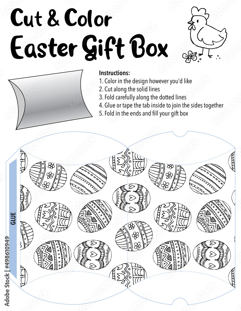 A fun and easy Easter activity. Color, fold and cut the template to make a lovely holiday gift box that can be filled with treats and goodies. Vector graphics.