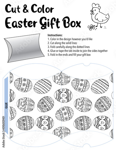 A fun and easy Easter activity. Color, fold and cut the template to make a lovely holiday gift box that can be filled with treats and goodies. Vector graphics. photo