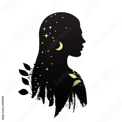 Silhouette of beautiful woman with leaves, moon