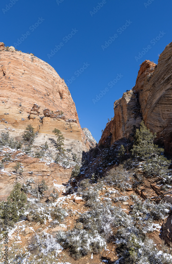 Snow covered Winter Landscape in Zion National Park Utah