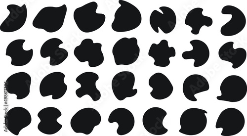 Random shapes. Organic black blobs of irregular shape. Abstract blotch, inkblot and pebble silhouettes, simple liquid amorphous splodge elements water forms creative minimal bubble stone vector set.