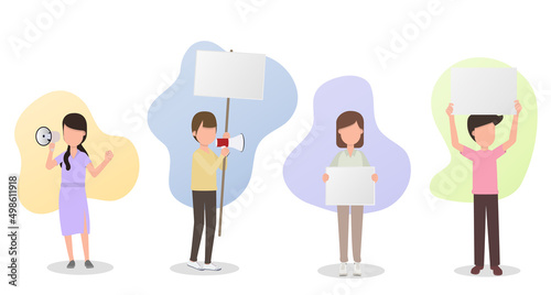 Isolated collection set of protester. Protester holding protest signs, banner, flag and megaphones. Vector illustration Eps10.