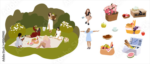 Girl and woman at picnic, set with additional item, picnic basket, fruit, croissant. Group of friend relaxing outdoors