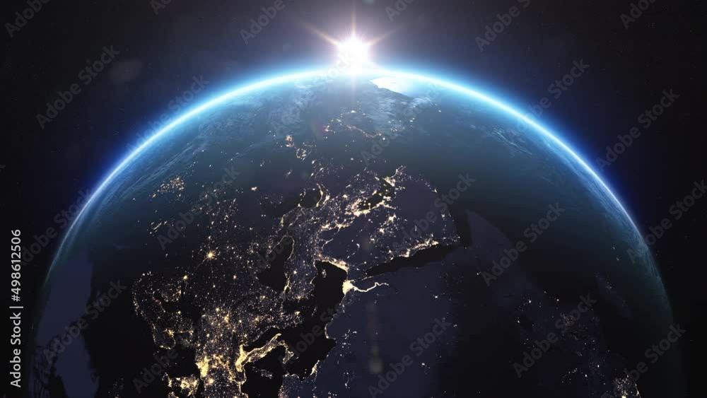 Sunrise Over the World. New Day. Beautiful Blue Planet Earth and Sun Rising View from Space NASA Data. 3d Animation Planet Rotating Skyline. Night Cities. Modern Business Technology Concept 4k
