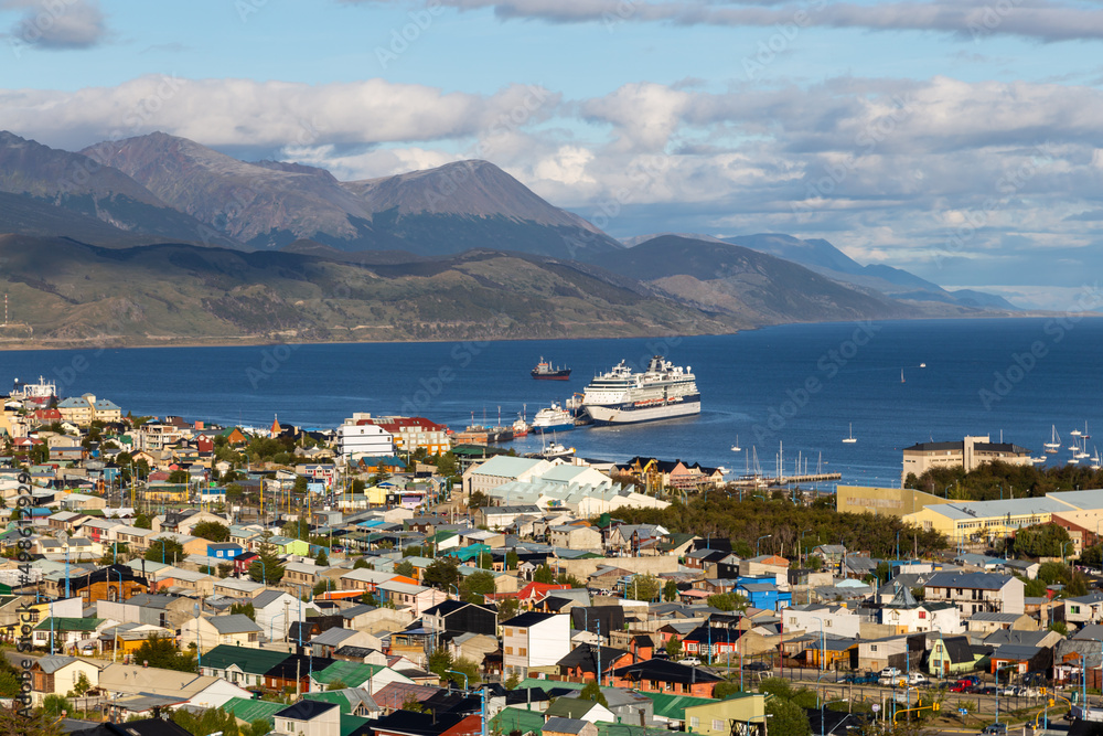 Ushuaia city port with boats and cargo ships