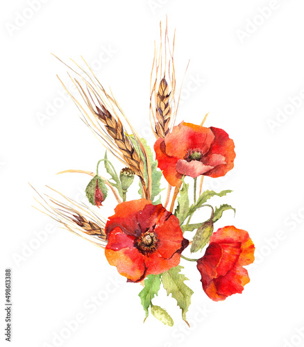 Fotografie, Obraz Red poppy flowers, wheat stems bouquet