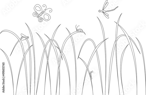 Silhouettes of field grass from simple lines with insects on a white background. Design for logo, flyer, brand book