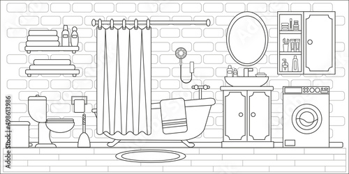 Modern bathroom interior decor. Bath, mirror and wash basin, tub and hygiene accessories, toilet bowl flat vector design. Vector flat illustration. Line Art, coloring book