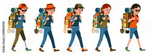 Woman hiker with backpack - cartoon set. Isolated girl backpacker with different backpack. Vector isolated image. photo