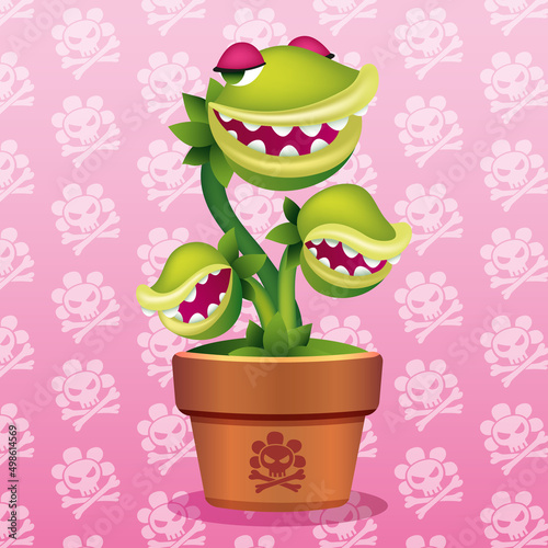 Cartoon venus flytrap in a pot on a pink background with a pattern
