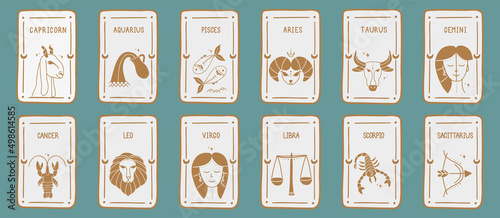 A set of vector illustrations of linear design of astrology zodiac horoscope cards. Elegant symbols and icons of esoteric horoscope templates.
