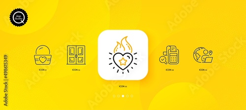 Ice cream, Bill accounting and Outsource work minimal line icons. Yellow abstract background. Door, Heart flame icons. For web, application, printing. Sundae cup, Audit report, Remote worker. Vector