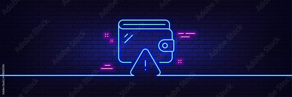 Neon light glow effect. Wallet line icon. Money purse sign. Cash budget symbol. 3d line neon glow icon. Brick wall banner. Wallet outline. Vector