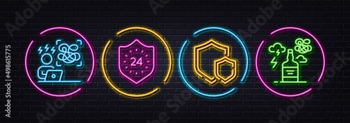 24 hours, Shields and Difficult stress minimal line icons. Neon laser 3d lights. Alcohol addiction icons. For web, application, printing. Protection, Safe secure, Work pressure. Confused mind. Vector