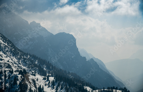 Fantastic winter landscape at Pinzolo Ski Resort in Val Rendena in Trentino in Italy, Europe. Breathtaking top view of the famous Italian Alps.