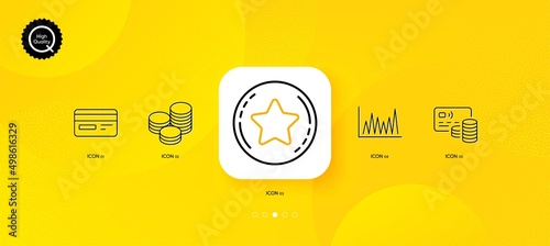 Card, Loyalty star and Credit card minimal line icons. Yellow abstract background. Tips, Line graph icons. For web, application, printing. Bank payment, Bonus reward, Cash coins. Vector