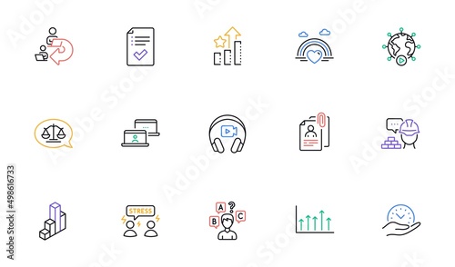 Quiz test, Approved checklist and Justice scales line icons for website, printing. Collection of Interview documents, Video conference, Headphones icons. Difficult stress, Build. Vector