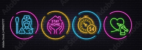 Stay home, Nurse and Quarantine minimal line icons. Neon laser 3d lights. Social care icons. For web, application, printing. Coronavirus quarantine, Swab test, Self-isolate. Donate service. Vector