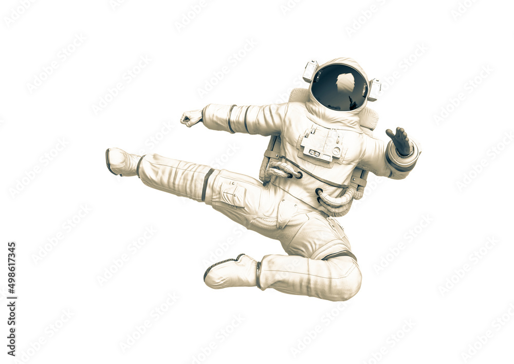 astronaut is doing an action flying side kick