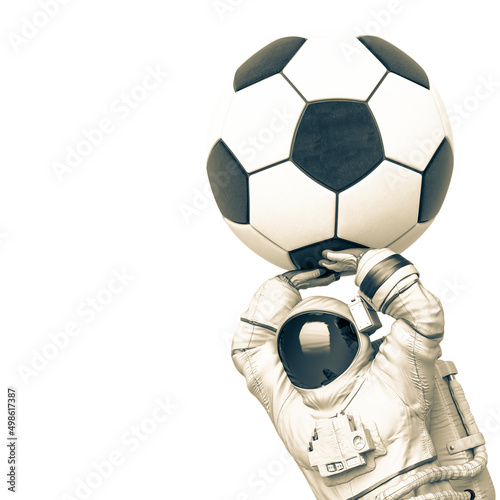 astronaut is holding the football ball close up with copy space