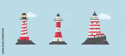 Lighthouse with clouds in flat design, set of beacons. 