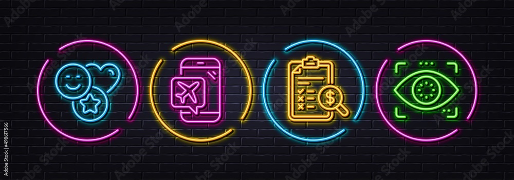 Accounting report, Smile and Flight mode minimal line icons. Neon laser 3d lights. Eye detect icons. For web, application, printing. Check finance, Social media likes, Airplane mode. Vector