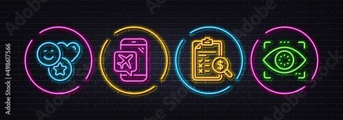 Accounting report, Smile and Flight mode minimal line icons. Neon laser 3d lights. Eye detect icons. For web, application, printing. Check finance, Social media likes, Airplane mode. Vector