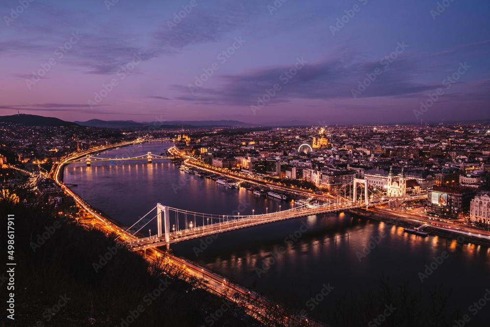 view of the river in the night in Budapest, Hungary