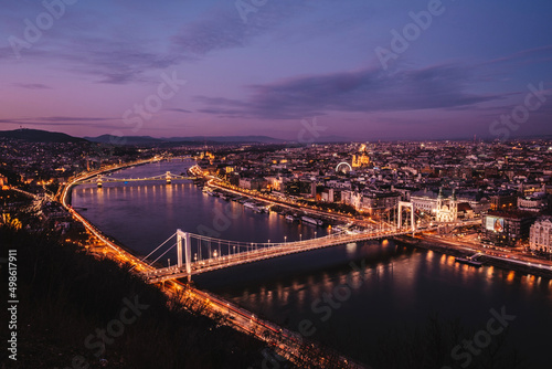 view of the river in the night in Budapest, Hungary
