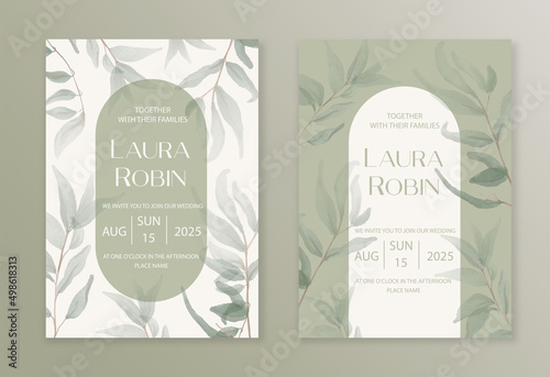 Luxury arch wedding invitation card background with green watercolor botanical leaves. Abstract floral art background vector design for wedding and vip cover template.