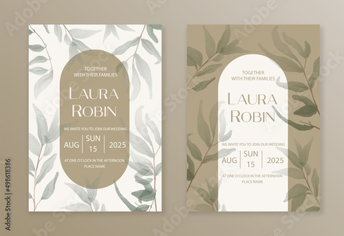 Luxury arch wedding invitation card background with green watercolor botanical leaves. Abstract floral art background vector design for wedding and vip cover template.