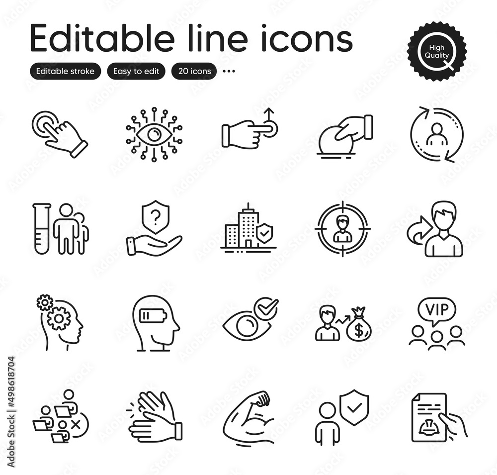 Set of People outline icons. Contains icons as Headhunting, Share and Protection shield elements. Check eye, Clapping hands, User info web signs. Sallary, Security. Outline headhunting icon. Vector