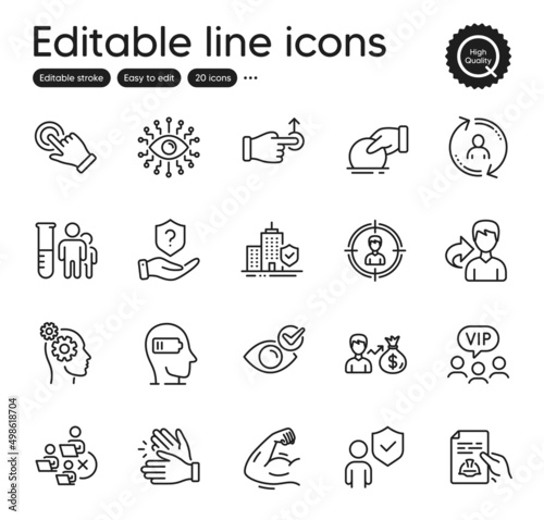 Set of People outline icons. Contains icons as Headhunting, Share and Protection shield elements. Check eye, Clapping hands, User info web signs. Sallary, Security. Outline headhunting icon. Vector