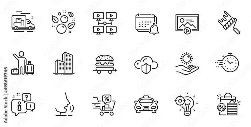 Outline set of Discounts cart, Clean bubbles and Skyscraper buildings line icons for web application. Talk, information, delivery truck outline icon. Vector