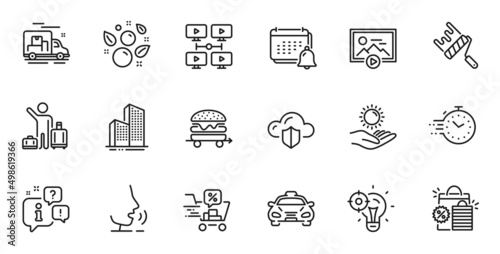Outline set of Discounts cart, Clean bubbles and Skyscraper buildings line icons for web application. Talk, information, delivery truck outline icon. Vector