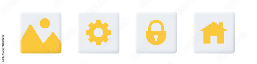 3d web icons. White squares with orange icons: home, gallery, settings, lock. Vector matte clipart isolated on white background. 3d web icons. White squares with orange icons: home, gallery, settings, lock. Vector matte clipart isolated on white background.