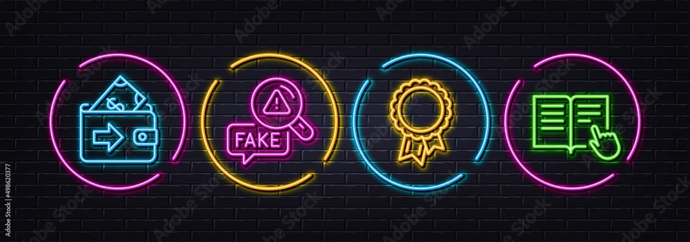Wallet, Fake news and Success minimal line icons. Neon laser 3d lights. Read instruction icons. For web, application, printing. Money payment, Check wrong fact, Award reward. Opened book. Vector