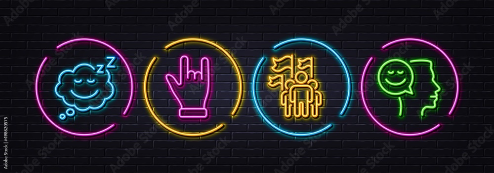 Leadership, Horns hand and Sleep minimal line icons. Neon laser 3d lights. Good mood icons. For web, application, printing. Winner flag, Gesture palm, Sleepy face. Positive thinking. Vector