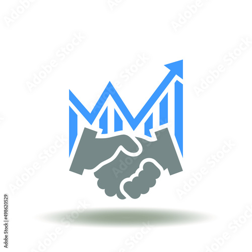 Vector illustration of handshake with growth graph. Icon of partnership. Symbol of deal trust.