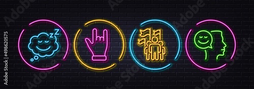 Leadership, Horns hand and Sleep minimal line icons. Neon laser 3d lights. Good mood icons. For web, application, printing. Winner flag, Gesture palm, Sleepy face. Positive thinking. Vector