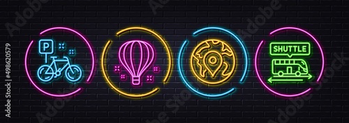 Pin, Air balloon and Bike minimal line icons. Neon laser 3d lights. Shuttle bus icons. For web, application, printing. Map point, Sky travelling, Mountain bicycle. Terminal transfer. Vector