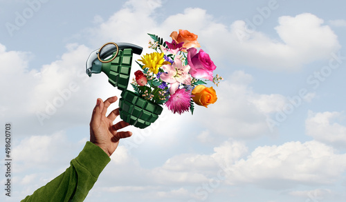 Stop war and No violence concept as a grenade weapon with flowers as a person throwing a symbol for peace and hope with an unexploded bomb or disarmed explosive to spread love photo