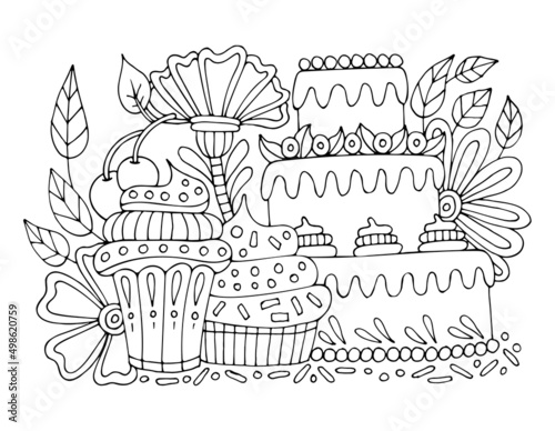 Cupcake coloring page. Sweet cake with cream. Festive dessert. Floral pattern. Hand drawn vector line drawing. Coloring book for children and adults. Black and white sketch.