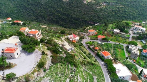 Lebanese village from above with houses and green valley