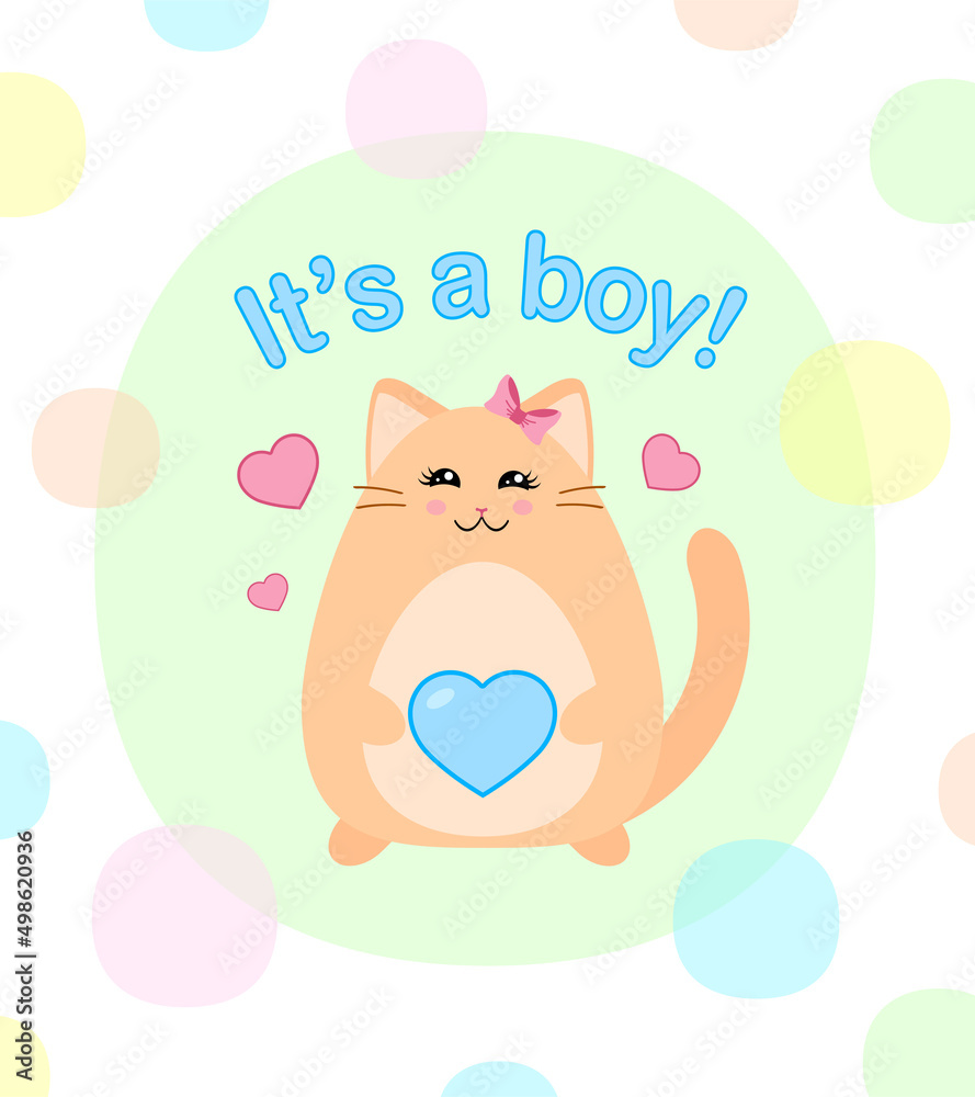 Fototapeta premium It's a boy. Baby shower party. Gender of a child. Pregnancy announcement. Expecting a baby. Happy pregnant mother. Cartoon cat. Greeting card or print design. Blue heart. Kawaii