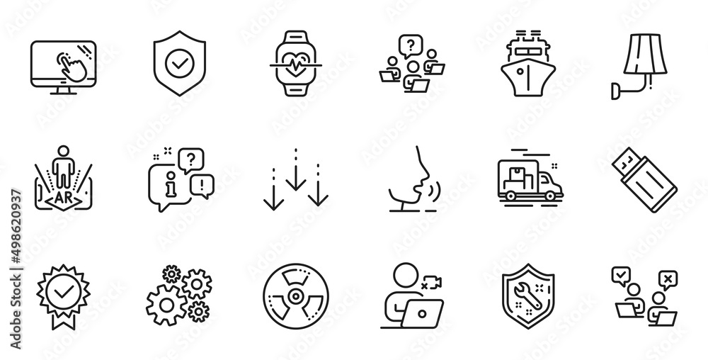 Outline set of Ship, Cardio training and Video conference line icons for web application. Talk, information, delivery truck outline icon. Include Certificate, Touch screen, Scroll down icons. Vector Outline set of Ship, Cardio training and Video conference line icons for web application. Talk, information, delivery truck outline icon. Include Certificate, Touch screen, Scroll down icons. Vector
